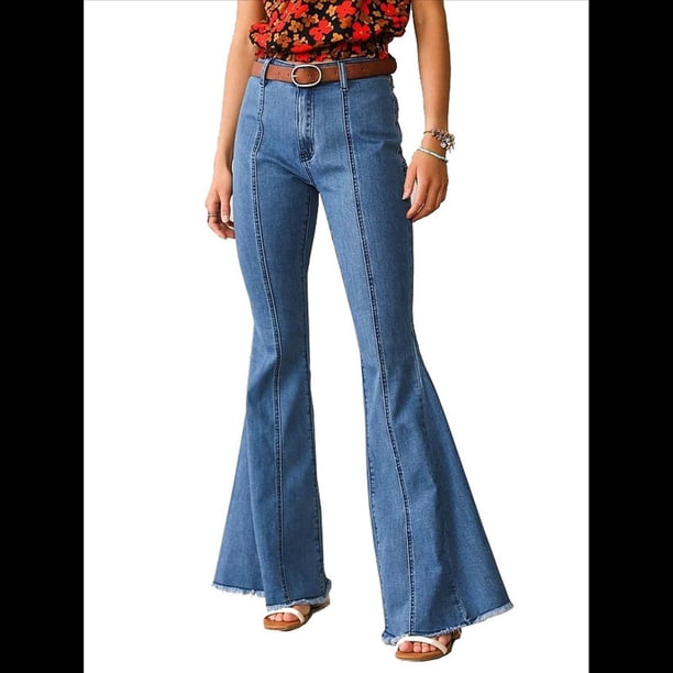 Pantalones Vaqueros Acampanados con Parches de Estrellas para Mujer, Cintura Media, Corte Acampanado, Elásticos, Pierna Recta, Ajustados. Azul XL