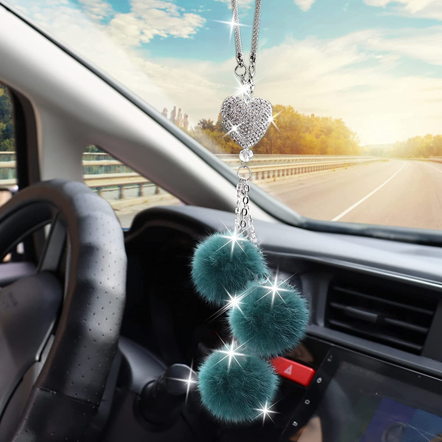 Kernelly Bling Car Accessories for Women Men Bling White Heart and Blue Fuzzy Drops Bling Rinestones Diamond Car Accessories Crystal Car Rear View Mirror