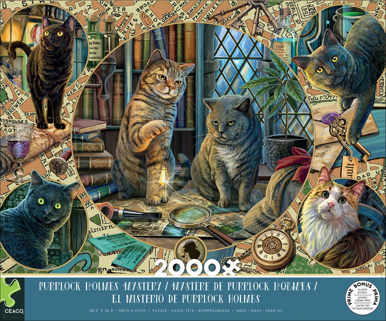 Ceaco 2000 Piece Purrlock Holmes Mystery (Lisa Parker) Interlocking Jigsaw Puzzle