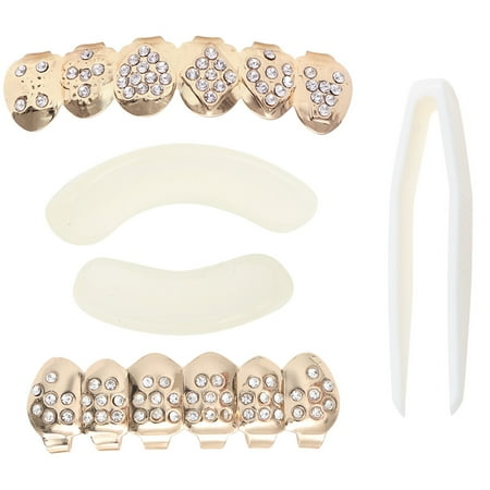 

1 Set Hip Hop Style Dentures Six False Teeth Cover Metallic Punk Dentures Fashionable Diamond-studded Denture Decor Copper Fake Teeth Jewelry for Cosplay (Golden Upper Dentures+Lower Dentures)