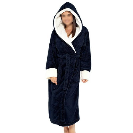 

Cindysus Ladies Sherpa Robes Long Sleeve Sleepwear Hooded Fuzzy Plush Bathrobe Home Dressing Gown Plain Fleece Robe Navy Blue 4XL
