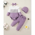 thumbnail image 3 of 12 Months Baby Girls Clothes 18 Months Girls 4PCS Fall Winter Outfits Set Infant Girls Long Sleeve Color-blocked Top Pants Set with Headband Hat Purple, 3 of 6