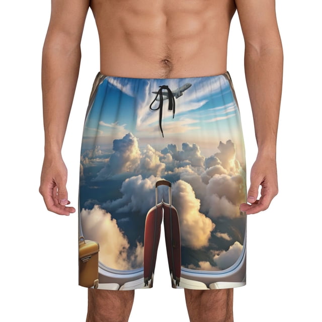 Fotbe Sunset Airplane Travel View Pantalones Cortos de Pijama para Hombre, Ropa de Dormir, Pantalones de Pijama Cortos para Hombre-3X-Large