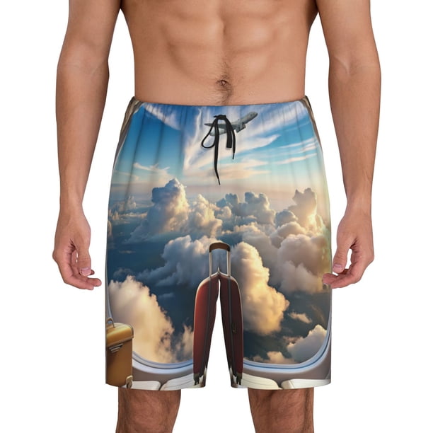 Balery Sunset Airplane Travel View Pantalones cortos de pijama de punto de algodón para hombre con cinturilla y bolsillos-3X-Large