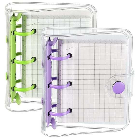2 Sets Mini Clear 3 Ring Binder Covers with Inner Paper Bag Soft PVC Notebook Closure Binder(Green,)