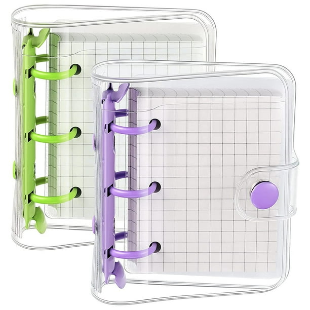 2 Juegos Mini Tapas Transparentes para Carpetas de 3 Anillas con Bolsa de Papel Interior de Carpeta Carpeta de de Cuaderno de PVC Suave Transparente (Verde, PúRpura)