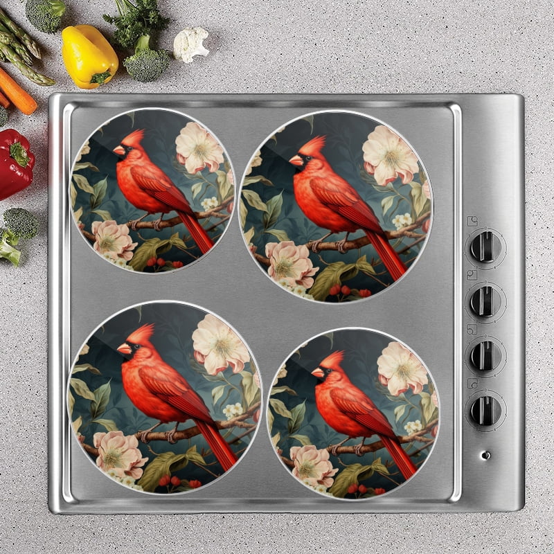 Bahomeck Gas Stove Burner Cover Set Of 4,Red Cardinal Bird Perched On Apple Tree Branch Metal Electric Stove Burner Covers,Protecting Gas Stoves,Kitchen Decor，8 Inch And 10 Inch
