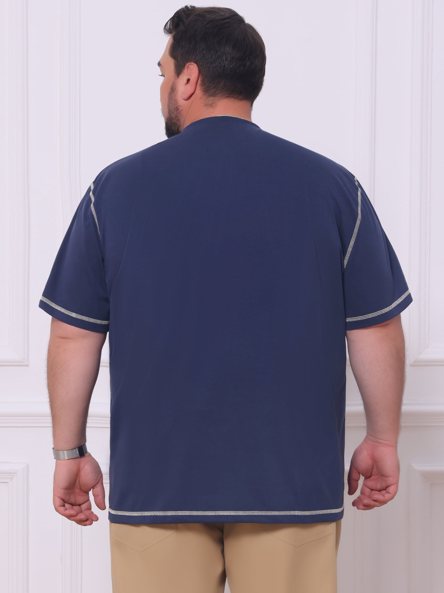 DARING DIVA Men's Big Tall Contrast Trim Button Down Short Sleeve Shirts 5XL Dark Blue