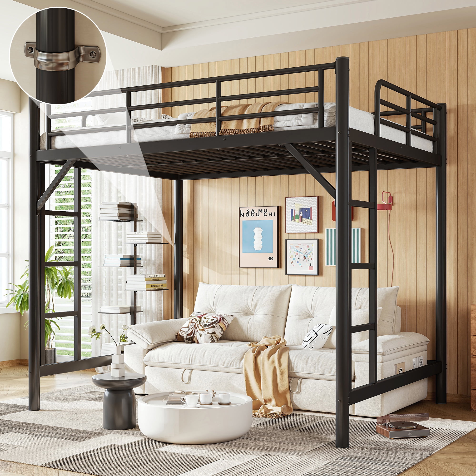 Leumius Full Size Metal Loft Bed,Heavy Duty Metal Bed Frame with 2 Ladders and Full-Length Guardrail,Sturdy Steel Slats Support,