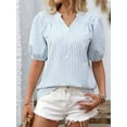 thumbnail image 6 of Womens Short Puff Sleeve Striped Blouses Top V Neck Loose Fit Casual Summer Work Blouses Striped Shirt Sky Blue S, 6 of 9