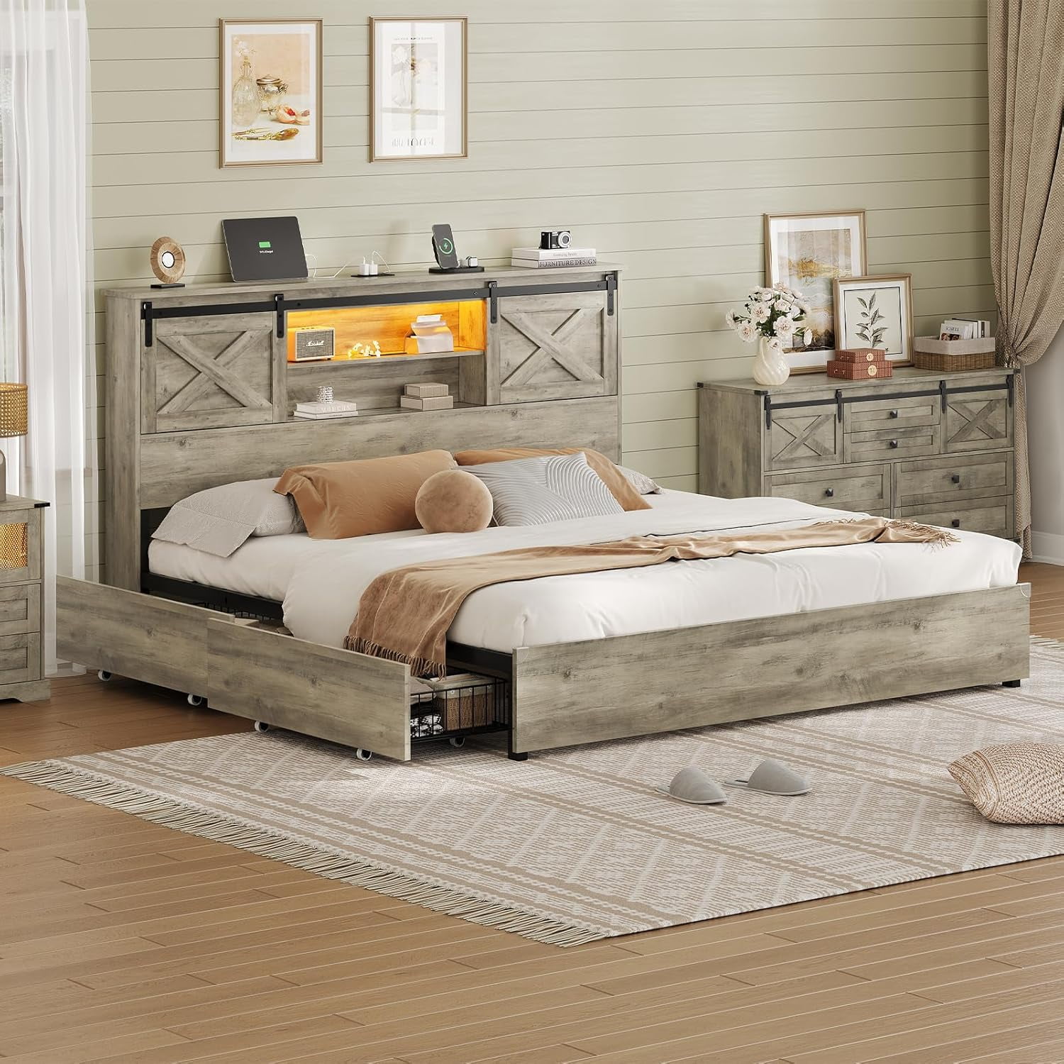 Farmhouse California King Size Bed Frame with Charging Station & LED Lights,Wooden Platform Cal King Beds with 4 Storage Drawers,Storage Headboard and Sliding Barn Door,Gray