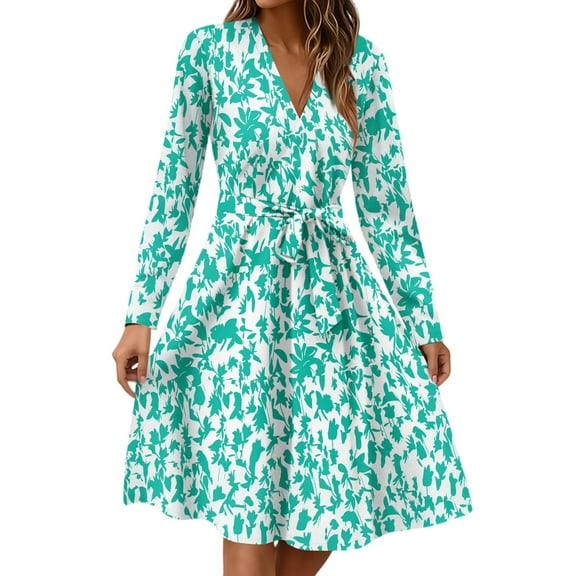 Xyxonk Casual Dresses for Women Long Sleeve Trendy Teacher Dress Fall V Neck Dress Tie Waist Casual a Line Floral Print Dresses Cyan M
