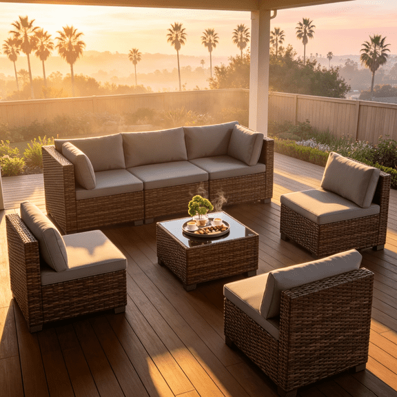 Lofka 7-Piece Outdoor Patio Furniture Set, Wicker Patio Conversation Set with All Weather Construction and Coffee Table for Backyard and Front Porch, Gray