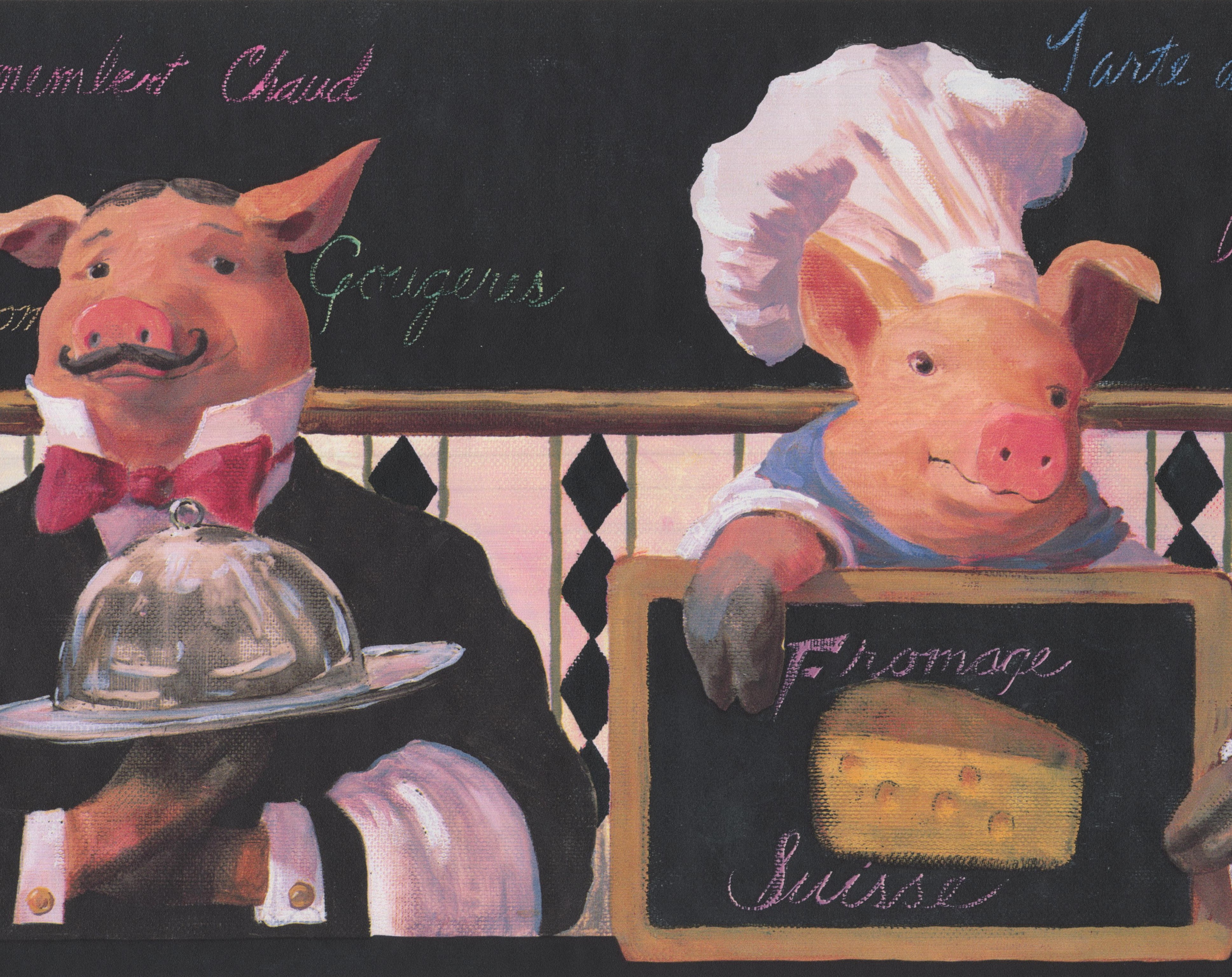 Wallpaper Border Pig as Cook Waiter Vintage Extra Wide Wall Border