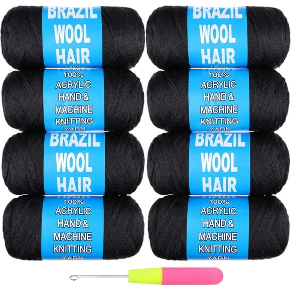 GFDYREE 8 Roll Brazilian Wool Hair 100% Brazilian Wool Hair for African Crochet Hair Braiding Twisting Jumbo Braids/Senegalese Twist/Faux Locs/Wraps with Crochet Hook(8 Roll, Natural Black)