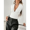 thumbnail image 3 of MOYIKO Mock Turtle Neck Zip Up Long Sleeve Bodysuit Deep V Sexy Womens Tops,Size S-XXL, 3 of 7