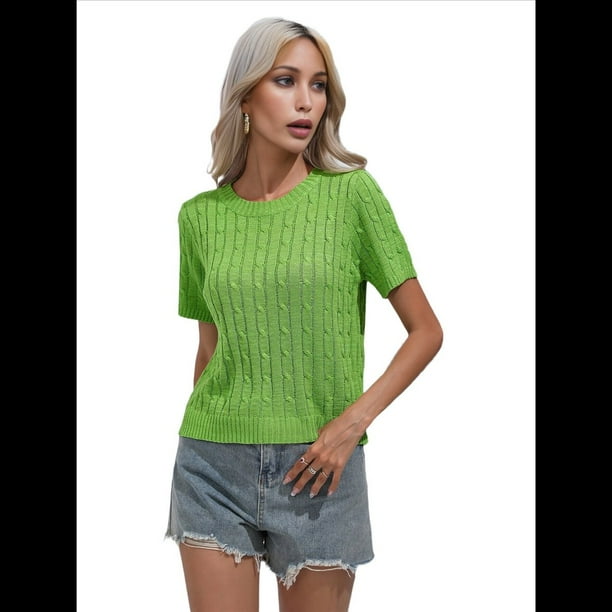 Suéter de Cuello Redondo Color Sólido Verde S