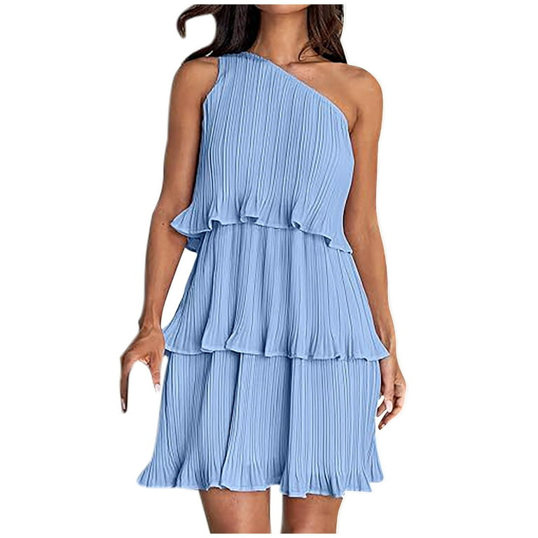 Brgzlk Women's Summer One Shoulder Dresses Asymmetric Shoulder Tiered Hem Solid Color Chiffon Pleated Flowy Slim Dress for Daily Wearing Sky Blue S,