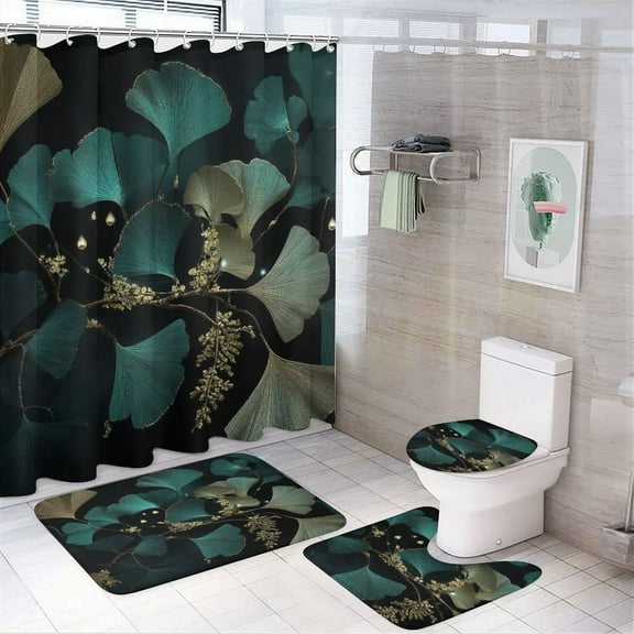 Ginkgo Leaf Print Shower Curtain Set Modern Bathroom Decor Mats 4pcs Fabric Bathroom Curtain Slip Floor Rug Toilet Lid