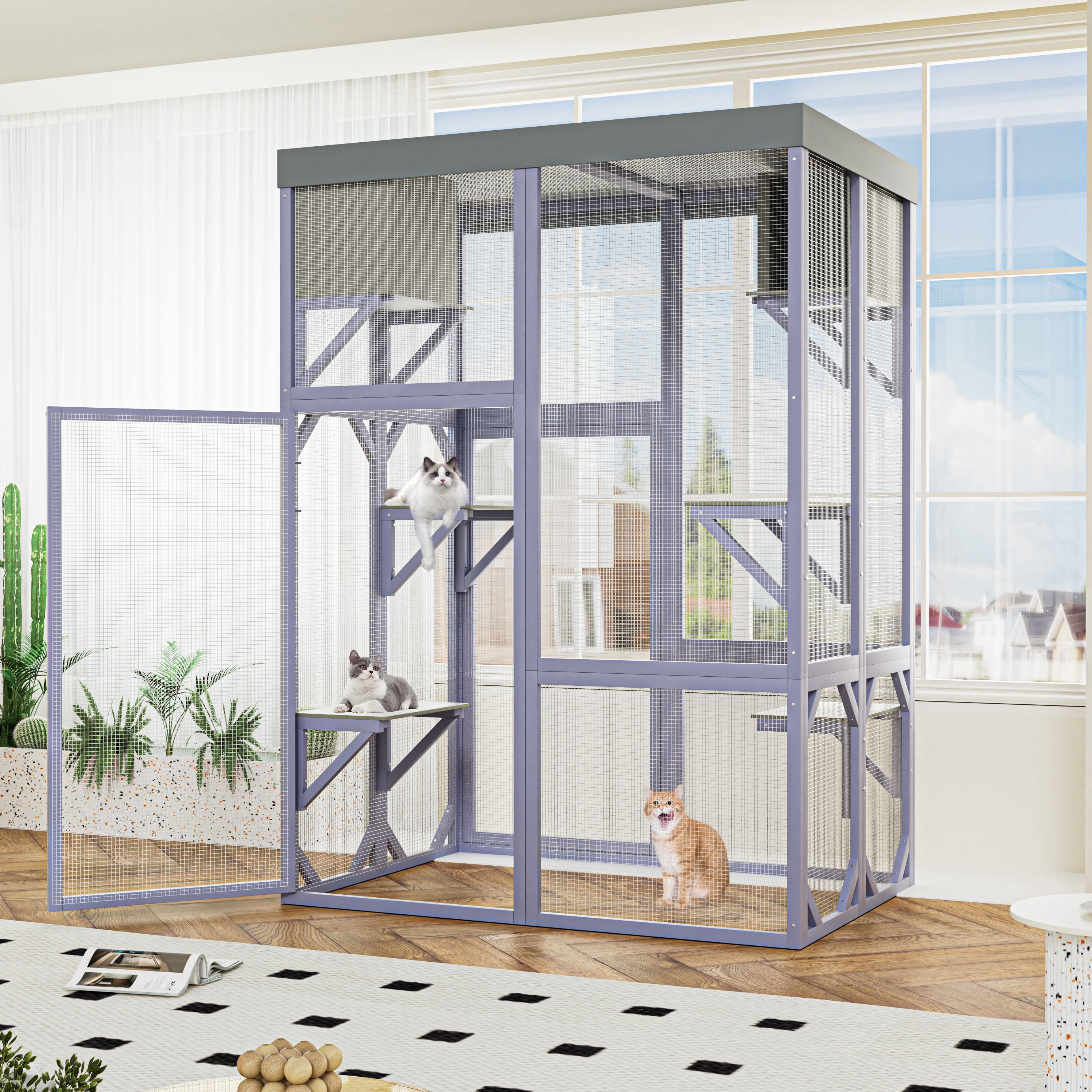 70" Catio Outdoor Cat Enclosure Indoor cage, large Wooden Cat House with Waterproof Roof, 4-Tier Playing Platforms & 2 Napping Houses with Connectable Window Door for Multiple Cats (Grey)