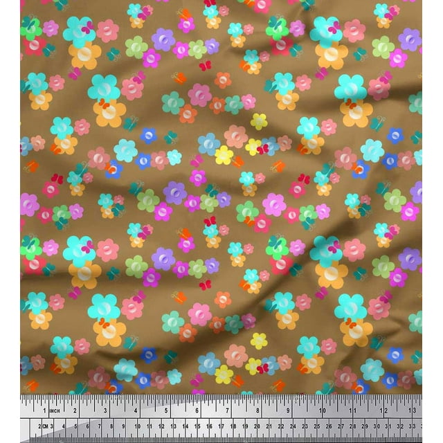 Soimoi Brown Rayon Fabric Insect & Floral Clip Art Print Fabric by Yard 56 Inch Wide