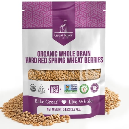 Great River Milling Organic Whole Grain Hard Red Spring Wheat Berries  Hard Red Whole Wheat  High Protein & Gluten  Non-GMO & Kosher  Perfect For Bread, Salad, Pilaf, Bagels & More  5 Lb