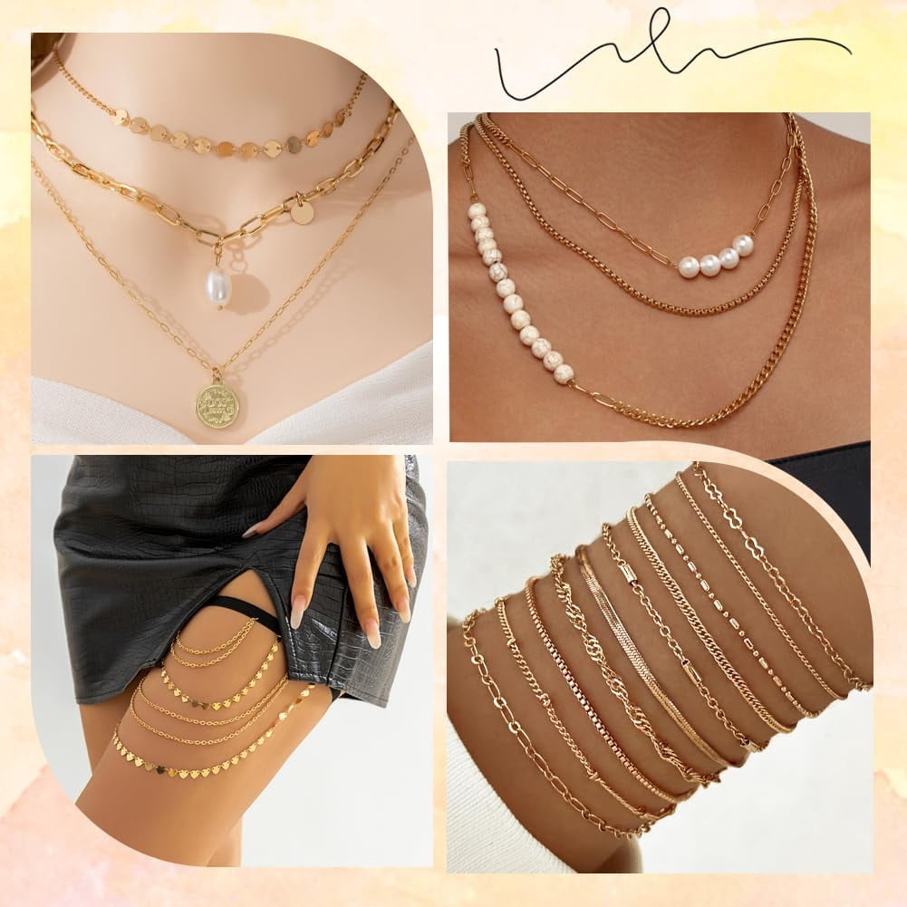 7 Styles 18K Gold Necklace Chains for Jewelry Making DIY Bracelet Chain Making Kits with 4/5/6mm Jump Rings Lobster Clasps Connectors for Necklace Making Accessories DIY Making