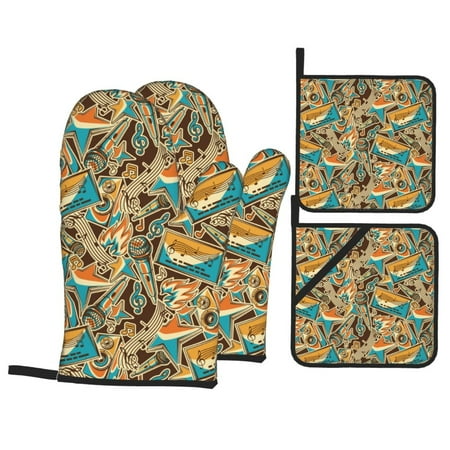 

Oven Mitts and Pot Holders 4 pcs Set musical elements Heat Resistant Pot Holders Oven Mitts for kitchen Non-Slip Hanging Loop Oven Glove Potholders for Baking Cooking