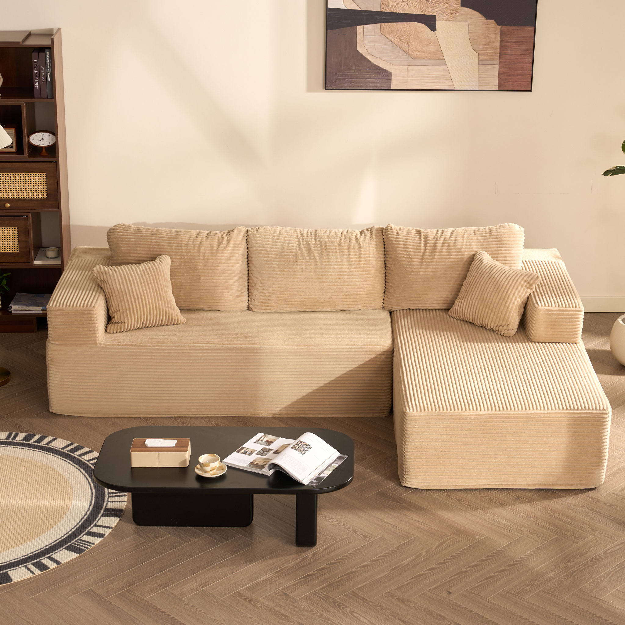 LAKPS 107" L-Shaped Right Modular Boneless Sofa, Deep Seat Corduroy Couch for Adults, No Assembly Required (2 Packages), Camel