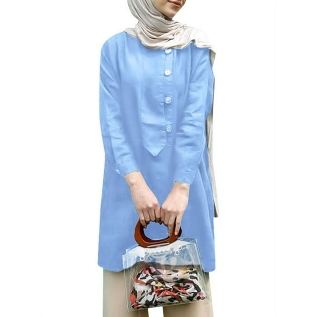ZANZEA Blouse Musulmane Femme Couleur Unie Manches Longues Col Rond Boutonnée
