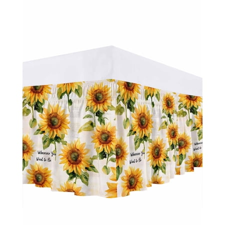 Vintage Sunflower Bed Skirt Queen Size 16" Drop Watercolor Flowers Retro Farmhouse Ruffled Wrap Around Bed Skirts Adjustable Elastic Bedskirt Dust Ruffle for Queen Size Bed