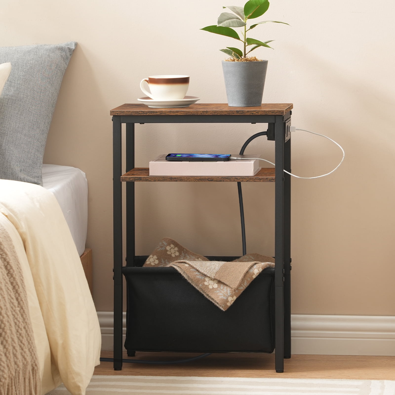 HOOBRO Small Narrow Side Table, Skinny End Table with Charging Station, Extra Slim Nightstand with Storage for Small Spaces, Thin End Table for Living Room, Rustic Brown and Black BF125UBZ01