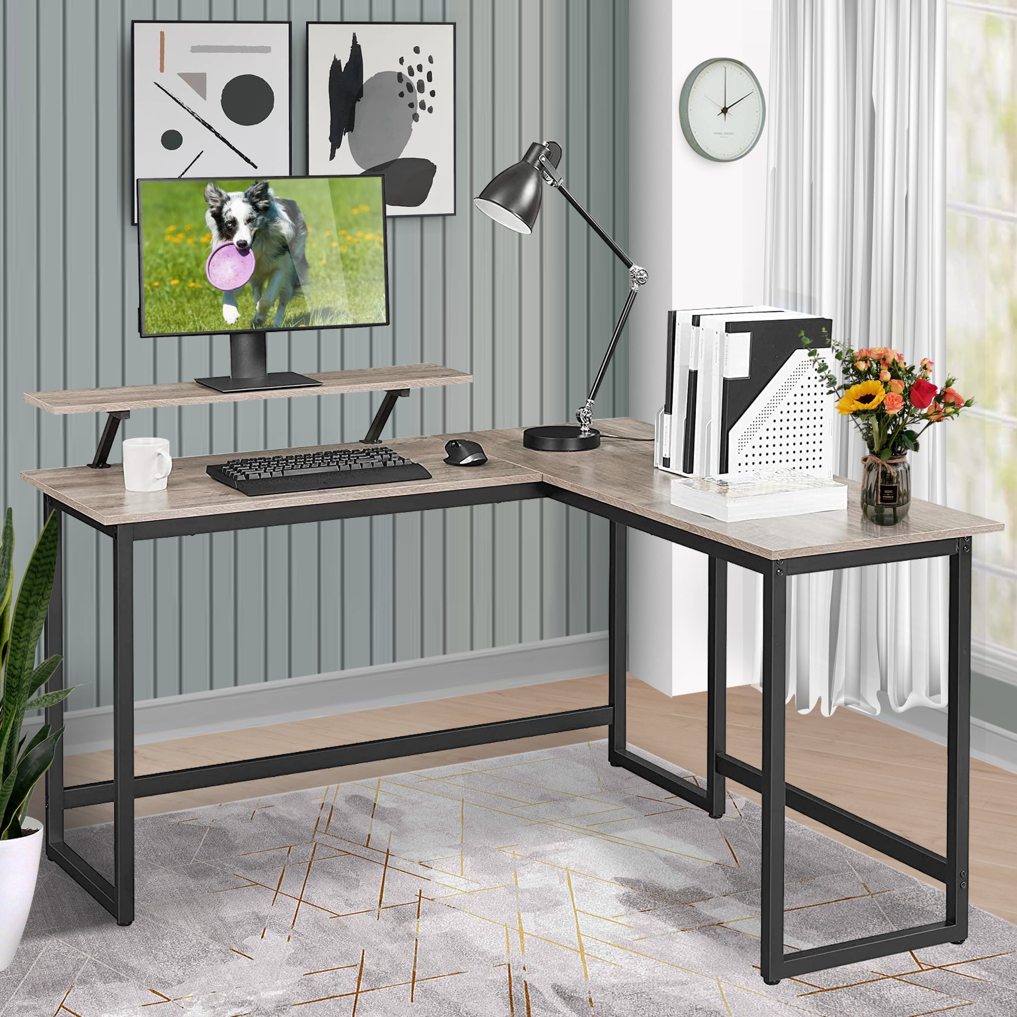 LShaped Computer Desk with Monitor Stand, Industrial Office Corner