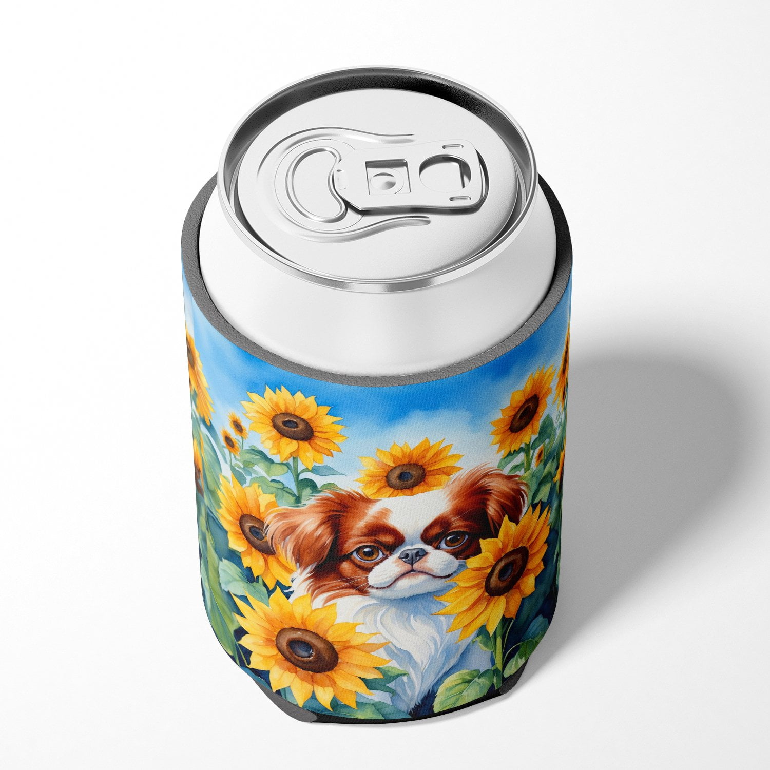 Japanese Chin in Sunflowers Can or Bottle Hugger 3 in x 5 in
