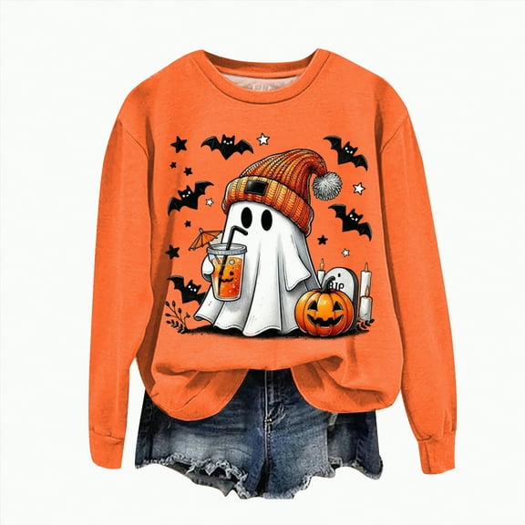 mgoYE Women Halloween Shirt Ghost Halloween T-Shirt for Women Cute Ghost Graphic Tee Spooky Season Shirt Vintage Long Sleeve Casual Fall Tops(Orange,L)