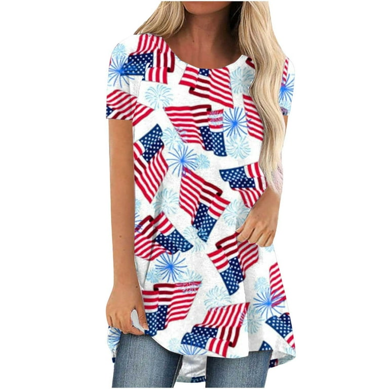 Stamzod 4th of July Outfits for Women Fashion Causal Round Neck Printing  Blouse Short Sleeve T-Shirt Summer Tops Clearance