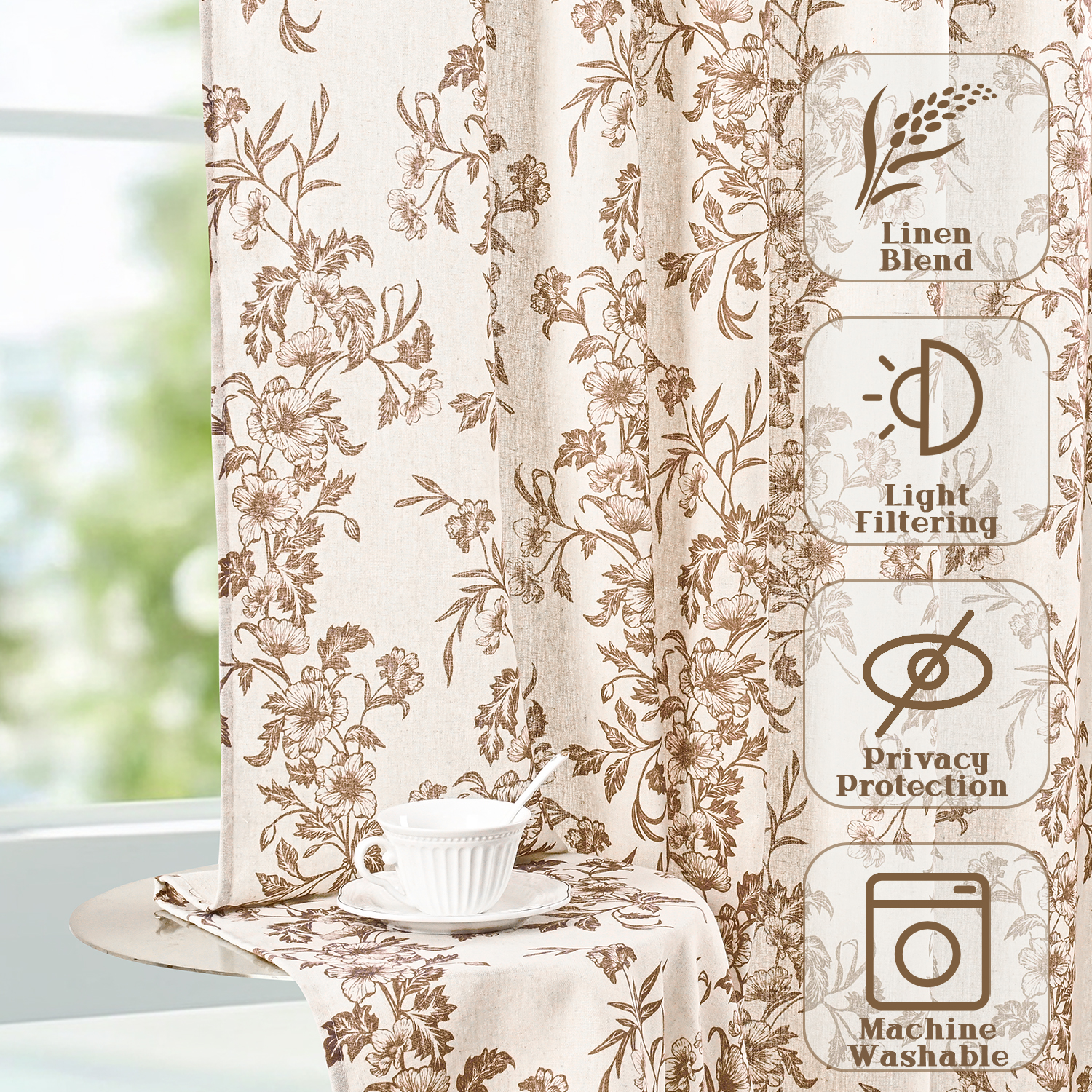 Alishomtll Floral Curtains for Living Room Farmhouse Country Linen Curtains Light Filtering Window Drapes,Brown ,52"x84", 2 Panels