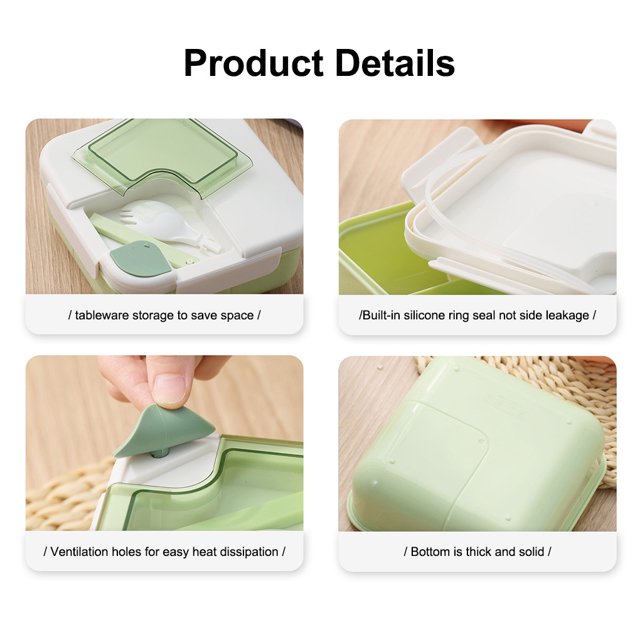 Lunch Box Compartments Portable Office Square Oven Food Container Kids Snack Sealing Plastic Carrying Kitchen Organizer with Spoon Purple