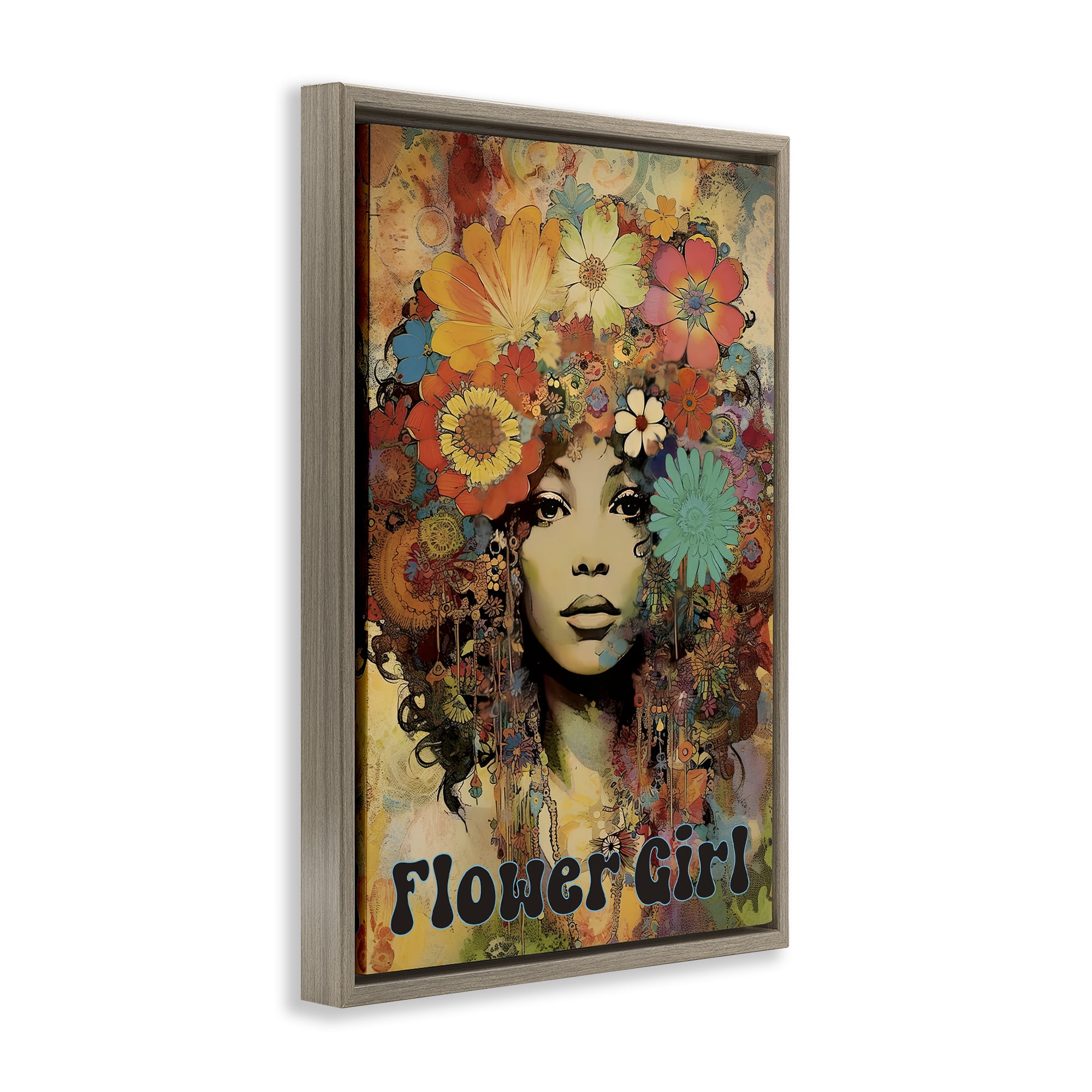 Bohemian Flower Girl Brown Framed Floater Canvas Wall Art, design by Sasha