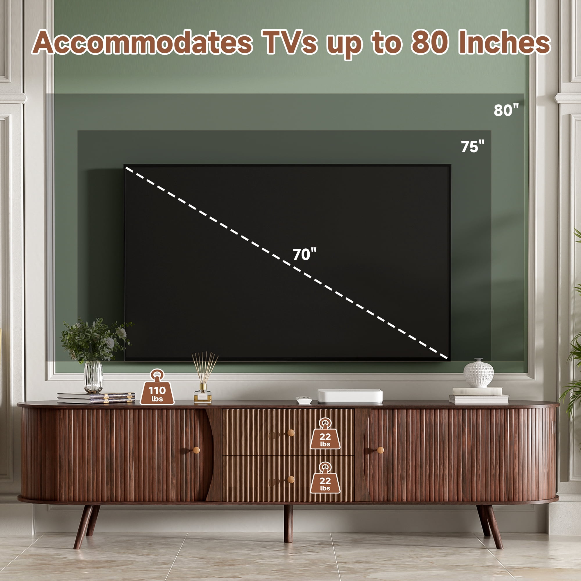 Mintazer 70" Mid Century Modern TV Stand for 80" TVs, Entertainment Center with 2 Fluted Drawers & 2 Cabinets, TV Consoles with Tambour Doors for Living Room, Dark Brown