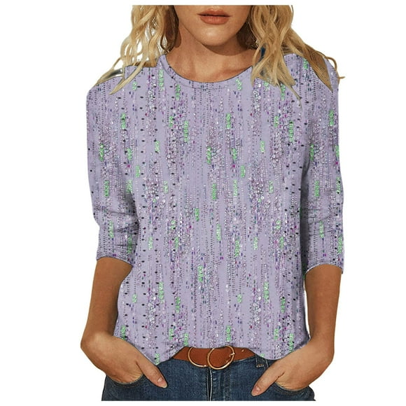 TSADFHJI Holiday Tops for Women Satin Womens Dressy Tops 3/4 Length Sleeve Summer Crew Neck Tshirts Flower Printing Loose Casual Blouses Fashion Xl Purple