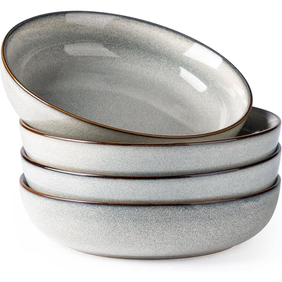 AmorArc 8.75'' Large Ceramic Pasta Bowls, 38oz Stoneware Pasta Serving Bowls Set of 4 for Kitchen, Wide Bowls for Fruit,Pasta,Salad,Oatmeal,Meal, Microwave Safe, Reactive Glaze-Green Wheat
