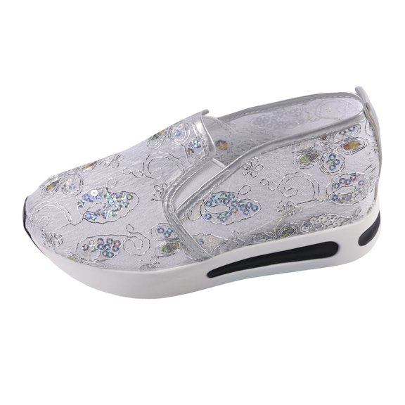 Women's Breathable Floral Print Slip On Wedge Sneakers Lightweight Non Slip Platform Tennis Walking Shoes Silver Size 6
