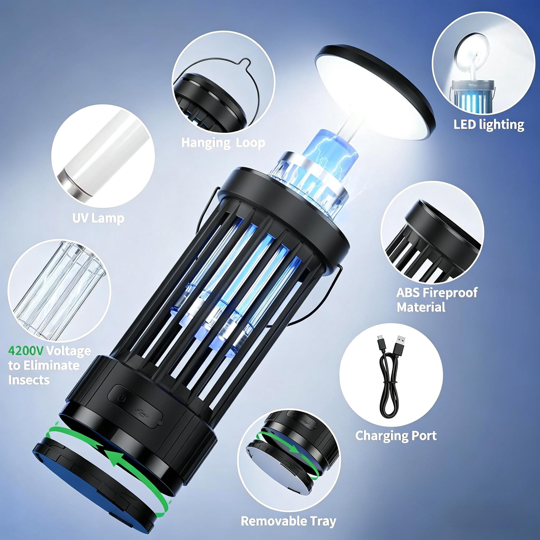 Bug Zapper, Rechargeable Fly & Mosquito Catchers, Portable Electric Insect Trap with Height Adjustable LED Lights for Bugs in Backyard, Patio, Camping, Fishing