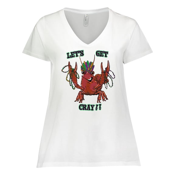 Inktastic Mardi Gras Let's Get Cray Crayfish with Beads Women's Plus Size V-Neck T-Shirt