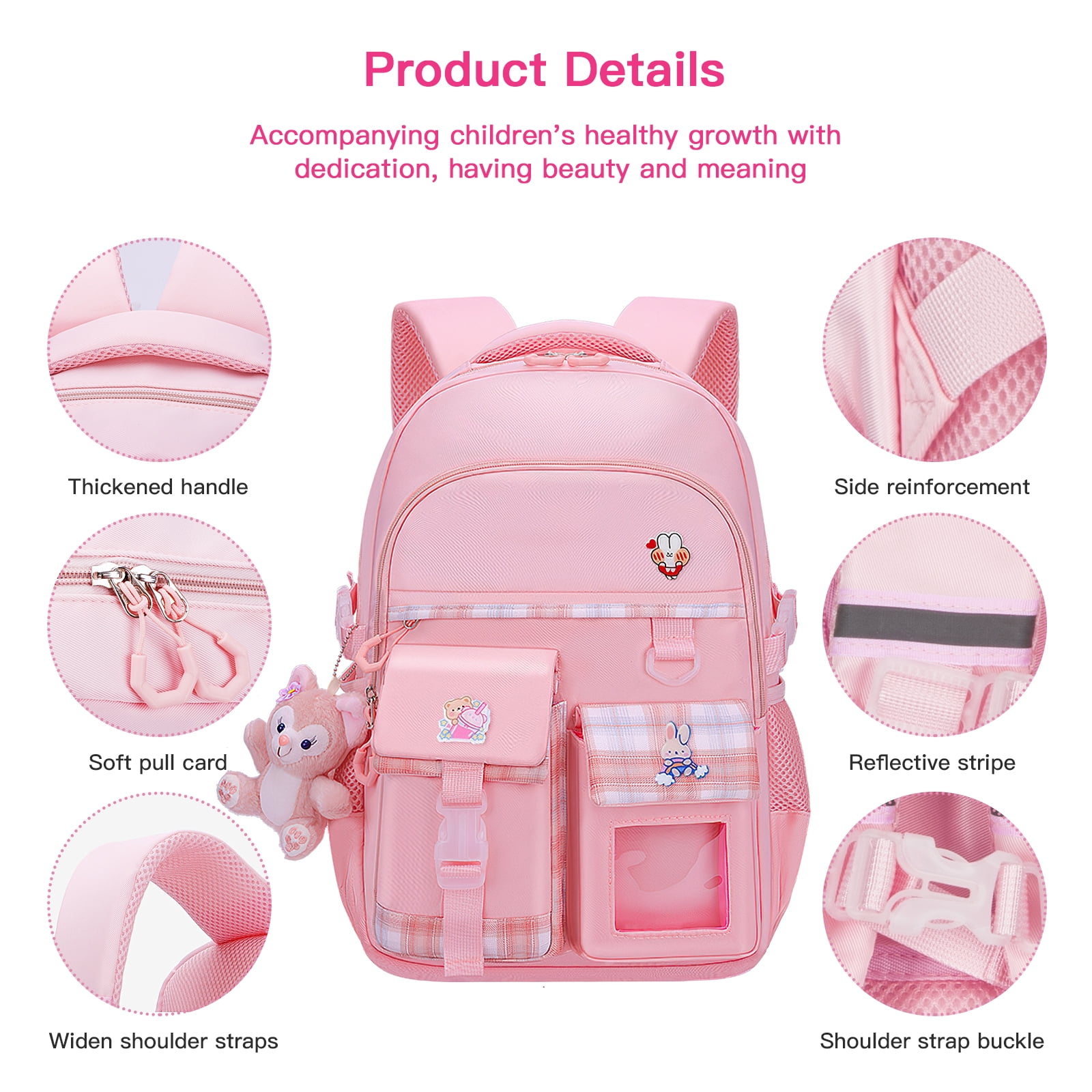 Kadyn Travel Backpacks, Cute Bookbag for Teen, Multifunctional School Durable Schoolbag with Lina Bell, 3 Decorative Cards and Lunch Bag, Pink