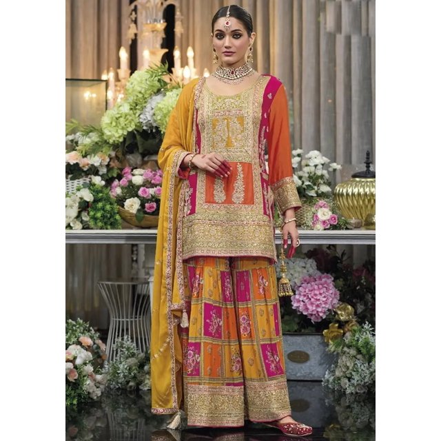 Designer Pakistani Tenue de Mariage Coucher de Soleil Charmant Multicolore Brodé Palazzo (Taille, G-40)