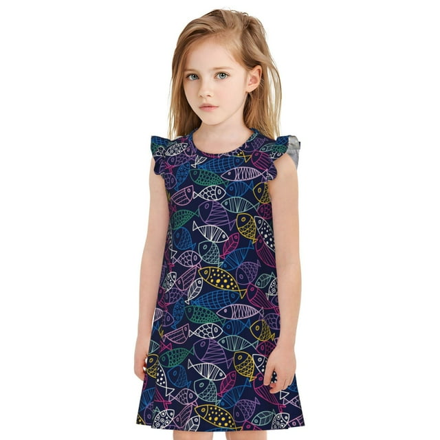 Vsdgher Mignon Poisson pour Filles Chemises de Nuit Manches Courtes à Volants Robe de Nuit Pyjama pour Fête Pyjama-Moyen