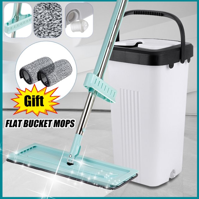 Floor Mop Bucket Set 360° Flat Microfiber Mop Heads Dry Cleaning Beige Color