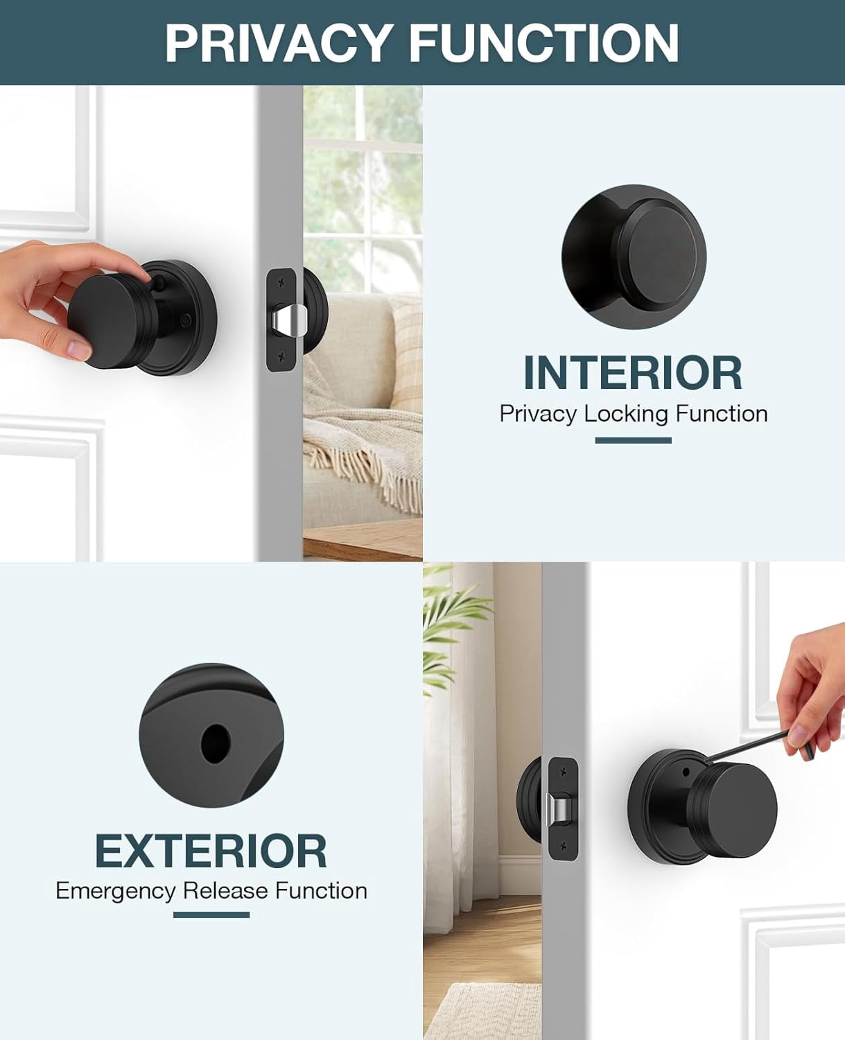 Klamerit Privacy Matte Black Door Knobs Heavy Duty Zinc Alloy Round Interior Door Knobs with Lock,for Bathroom & Bedroom